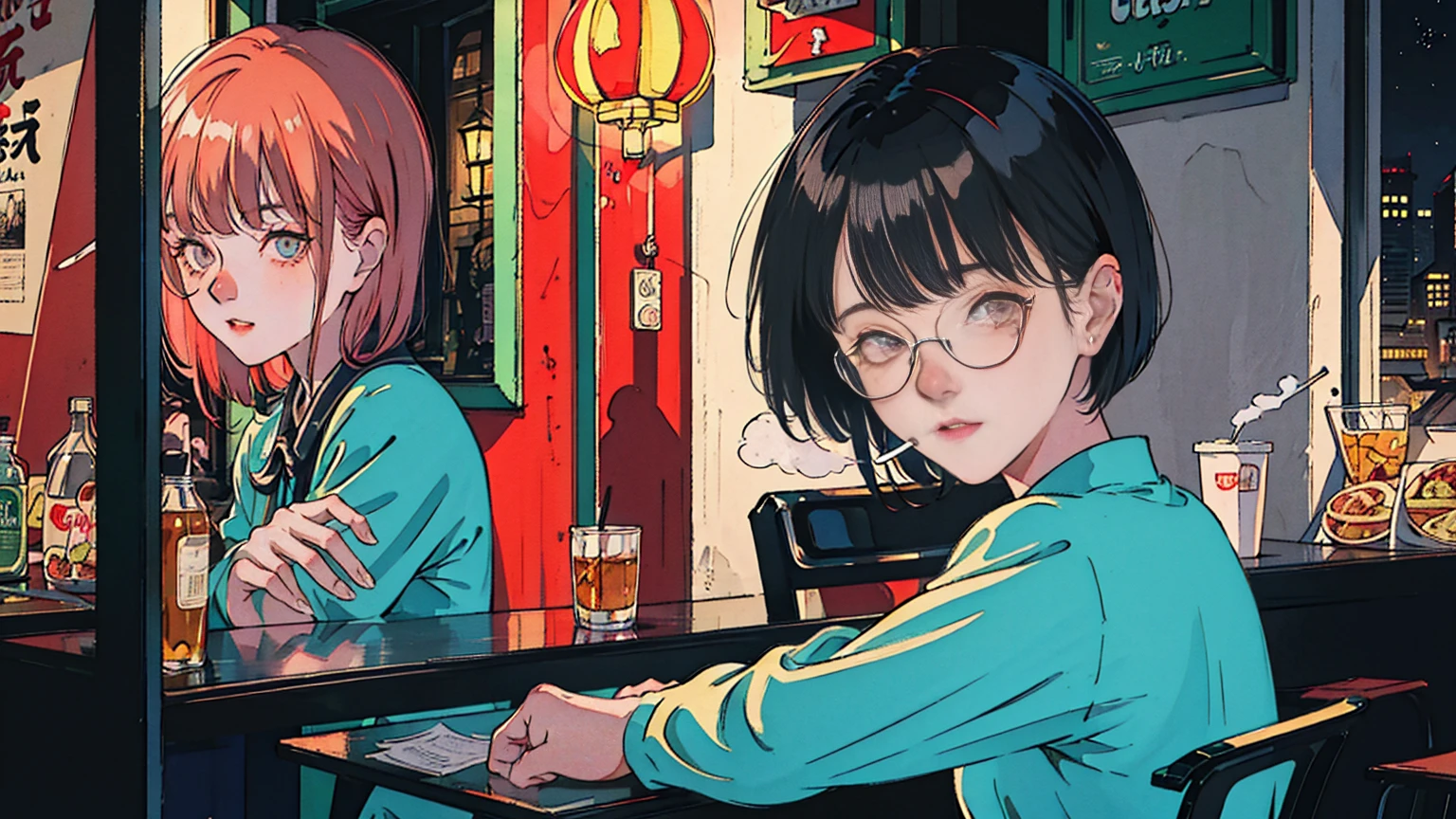 Beautiful Asian redhead sitting in a restaurant at night, Visible from the window, face perfect, oculos de sol, Smoking white Taylormade cigarettes, Neon black, (back-illuminated: 1.1), hard shadows, work of art, highest quallity, complex, model shooting style, vintage, Film grain, incomplete details
