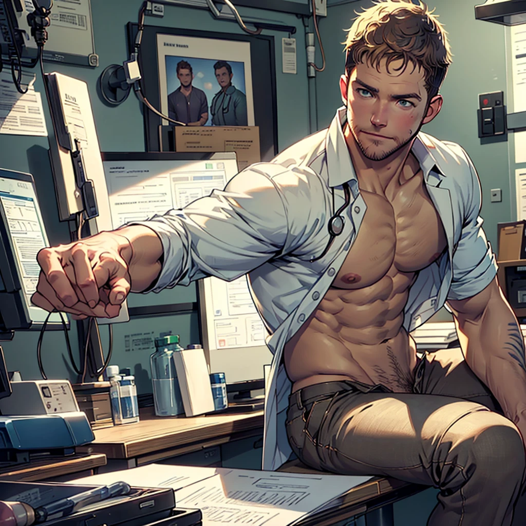 NSFW, SOLO MAN , HOSPITAL ambiance and clinic background、detailed face , detailed body part , detailed hands , detailed fingers,detailed cocks, A handsome tall man (((Stephen AMELL))) ,He is 40 years old,Thin waist,The pectoral muscles are well developed, He is 175cm tall,Weight 72 kg、blue-green eyes、brown hair color、short hair, wearing unbuttoned vintage jeans showing a nice COCK, shirtless showing nipples and pectoral muscles , sitting on the examination table , and (((the doctor CHRIS PRATT wearing a white blouse ))) checking on stephen's COCK , looking at the viewer ,Smiling , background clinic for men HEALTH