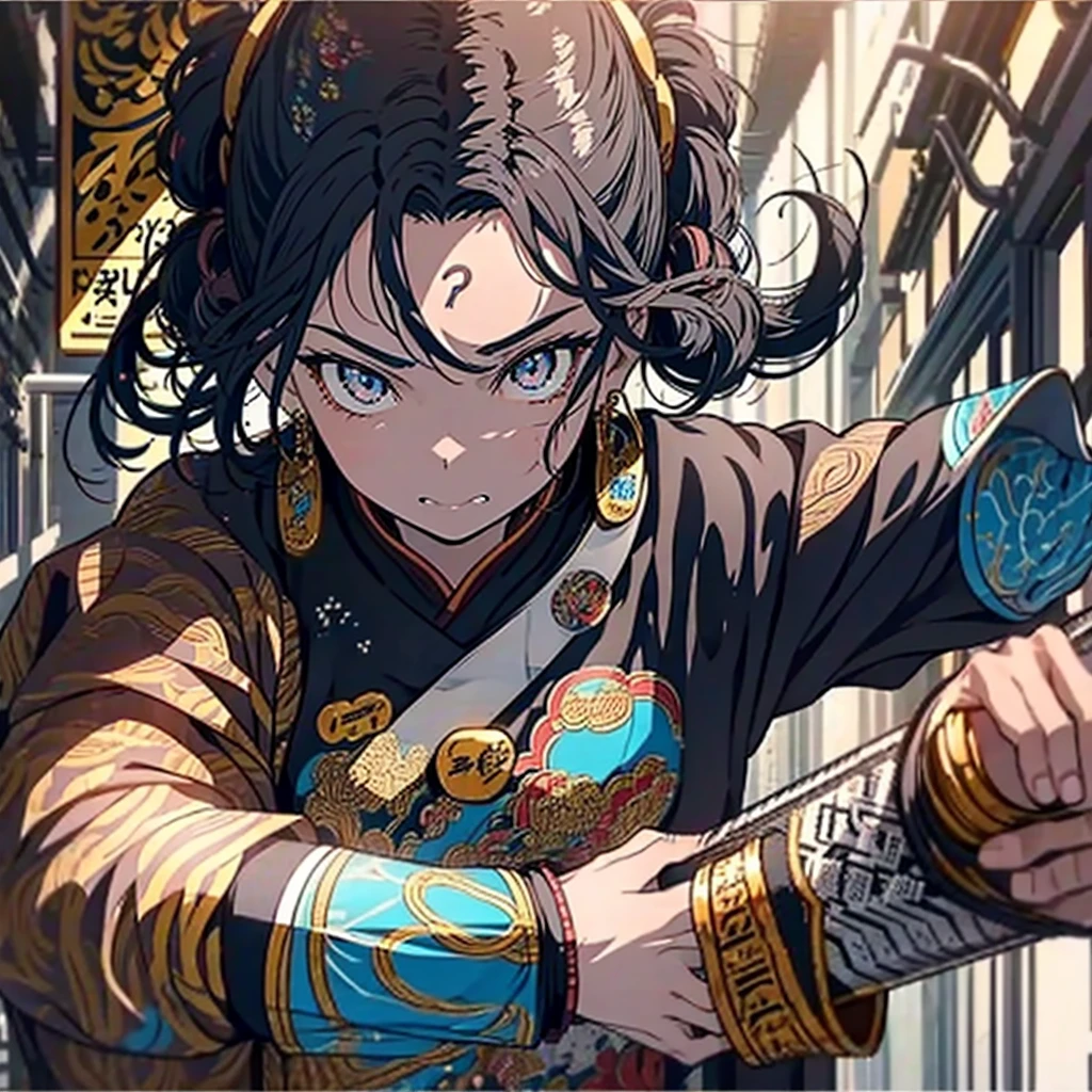 anime style woman , ponytail hair ,Bblack hair , 18-years old , expression would be , eyes black , ice sword , black leagwear