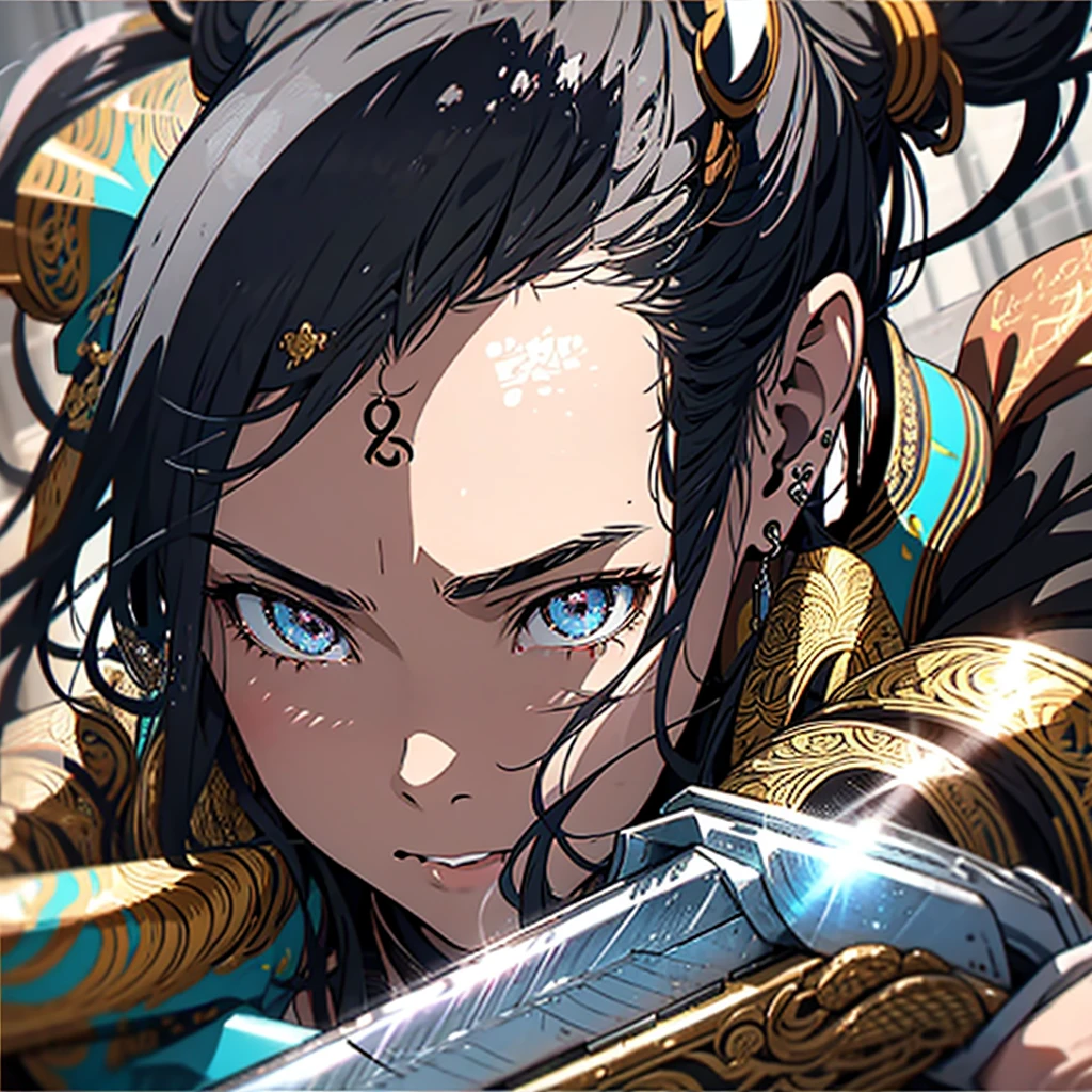 anime style woman , ponytail hair ,Bblack hair  , 18-years old , expression would be , eyes black , ice sword  , black leagwear 