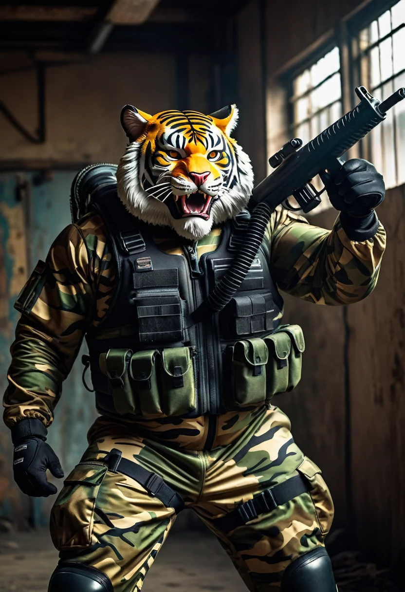 (a dark-skinned bearded fat muscular old man in a bulky army camouflage zipper diver suit) holding a gun, (wearing a small-sized realistic roaring tiger mask), dynamic action pose, fierce expression, showcasing an imposing stature, surrounded by military elements, dramatic shadows and intense highlights, cinematic color tones, high detail, powerful, art influenced by Bruce Onobrakpeya and Stanley Artgerm, ultra-detailed, best quality image, action-packed atmosphere, thumbs up pose