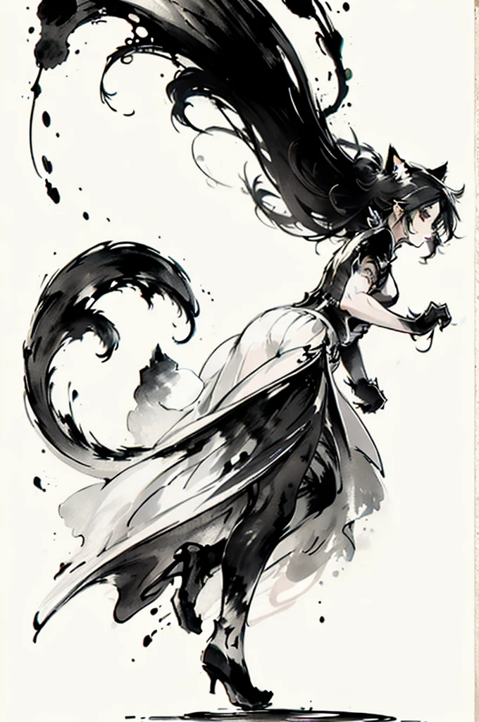 (最high quality:1.2, masterpiece:1.2, Best aesthetics), Black and White, Monochrome artwork, Ink Painting, (((1 girl and 1 cat))), Straight Long Hair, China dress, Vibrant, female curvy beauty, (With a cat:1.2), Expressing a sense of speed with ink splashes, (((Aggressive cat action:1.2, Kitten on the move:1.2, Front view))), high quality, (((Ink Painting))),