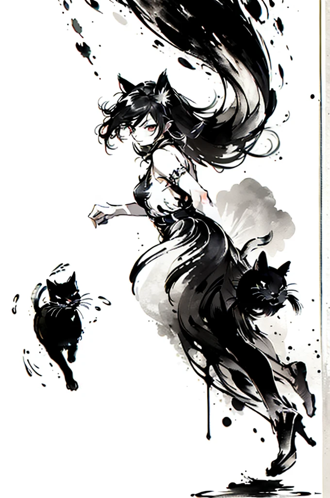 (最high quality:1.2, masterpiece:1.2, Best aesthetics), Black and White, Monochrome artwork, Ink Painting, (((1 girl and 1 cat))), Straight Long Hair, China dress, Vibrant, female curvy beauty, (With a cat:1.2), Expressing a sense of speed with ink splashes, (((Aggressive cat action:1.2, Kitten on the move:1.2, Front view))), high quality, (((Ink Painting))),