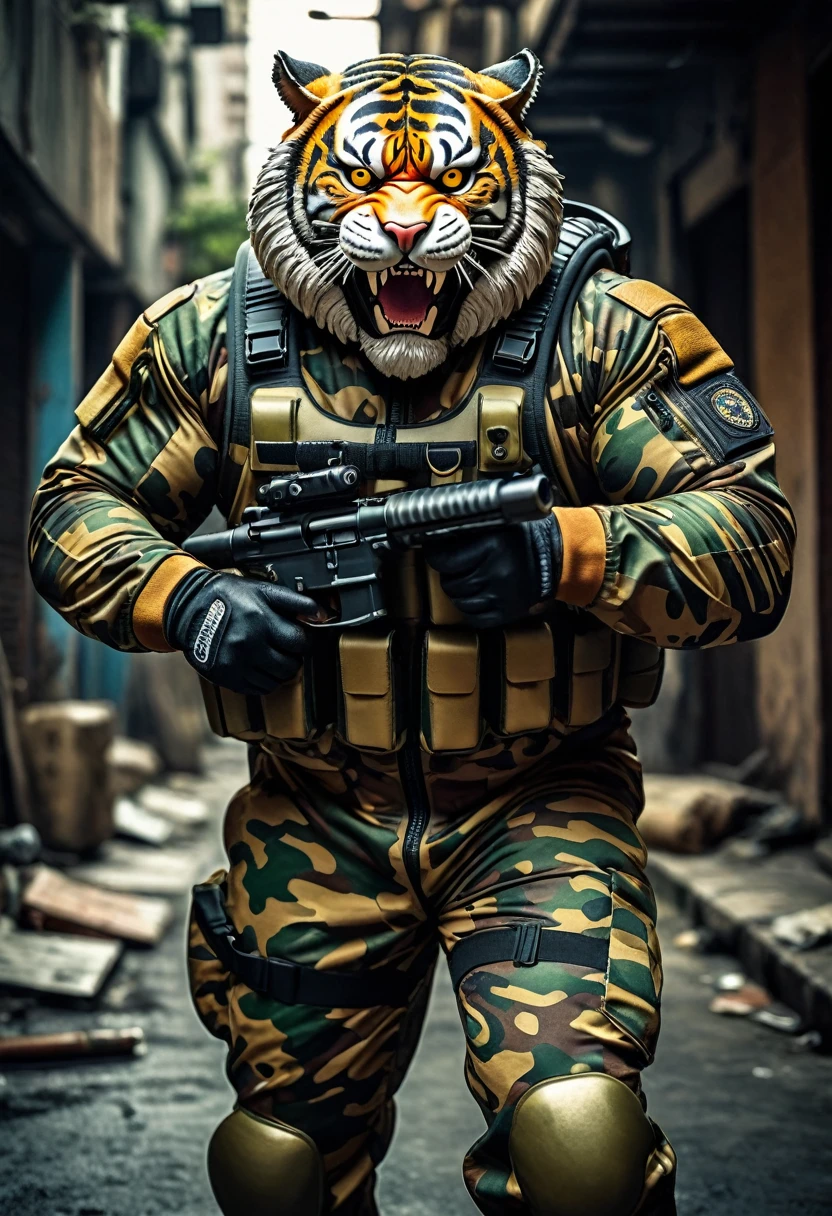 (a dark-skinned bearded fat muscular old man in a bulky army camouflage zipper diver suit) holding a gun, (wearing a small-sized realistic roaring tiger mask), dynamic action pose, fierce expression, showcasing an imposing stature, surrounded by military elements, dramatic shadows and intense highlights, cinematic color tones, high detail, powerful, art influenced by Bruce Onobrakpeya and Stanley Artgerm, ultra-detailed, best quality image, action-packed atmosphere, thumbs up pose