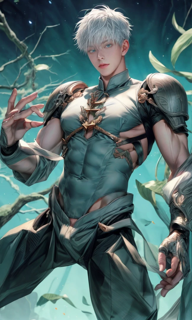 1 male, high resolution 8k, young, handsome, perfect face detail, detailed eyes and face, clean shaved, sixpack realistic, white eyebrow hair, white eyelashes, dynamic lighting, unreal engine, hd picture, satoru gojo, Jujutsu kaisen, white hair, short hair ,hair between eyes ,blue eyes, white skin,