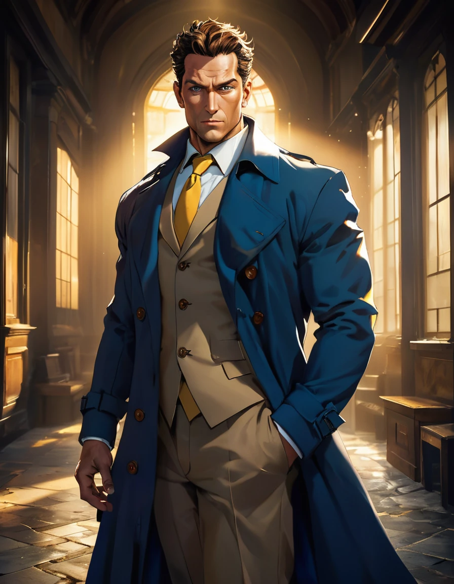 extreme all detailed, BREAK 1man, veteran mature detective, muscular mature, big nose, wavy slicked back spiked hair, yellow brown hair, shihaku, brown eyes, stubble, dandy, virile, square shaped, large eyes, ugly, rough skin, facial wrinkles, ideal ratio body proportions, ordinaly, cute uncle, beautiful detailed eyes, 40yo, BREAK solo, upperlegs, white collared shirt, blue necktie, trench coat, dark worn-out suit, BREAK dandy posing, upperwaist, character image shot, in isekai style, 2000s, anime concept art, cinematic shadows, cinematic lighting, lens flare, light leaks, masterpiece, best quality