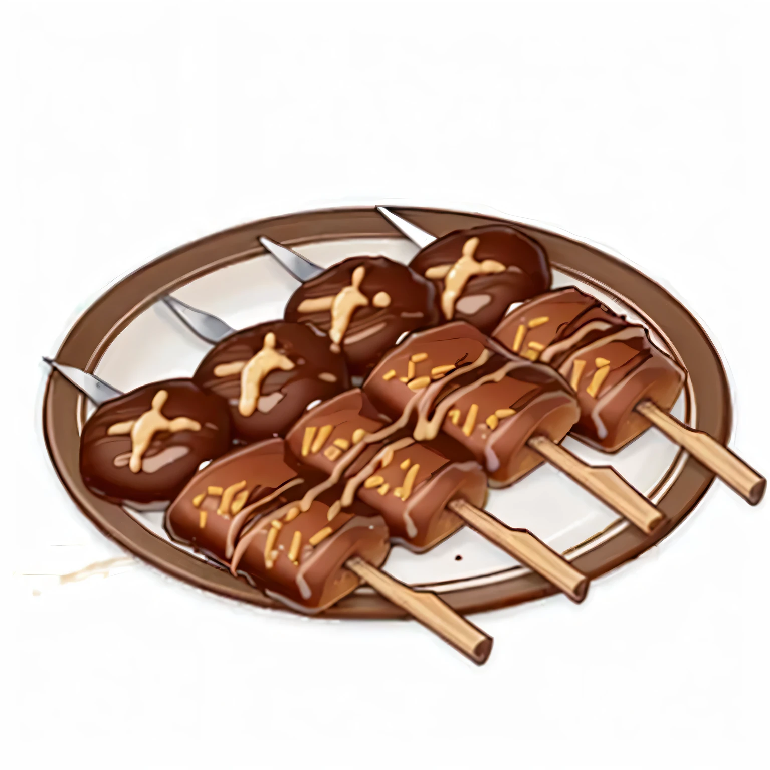 there are chocolate covered doughnuts on a plate with a fork, string, Grilled skewers, caramel, Anime Food, vanilla, chocolate, scarecrow, some chocolate sauce, Destroyed, Katagiichi, Game image, Grenade, Serving the ribs, roast, On the broken projectile, katsushika, ready to eat, Spear, unknown