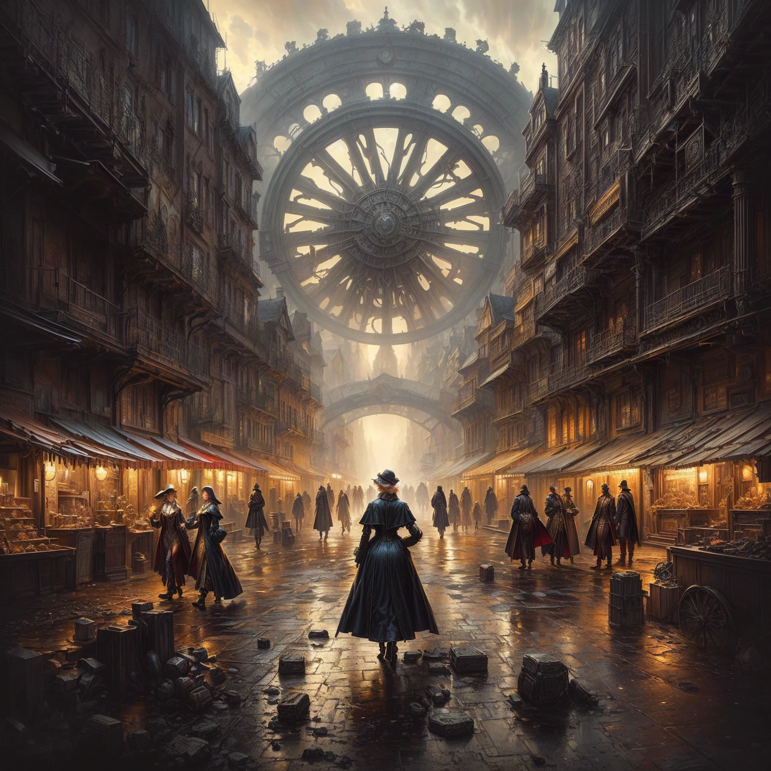 a woman in a long coat walking through a city street, symmetrical epic fantasy art, victorian steampunk mega city, dan mumford tom bagshaw, inspired victorian sci - fi, victorian city, inspired by Grzegorz Domaradzki, victorian steampunk city vista, elegant cinematic fantasy art, golden steampunk city atmosphere, stefan koidl inspired