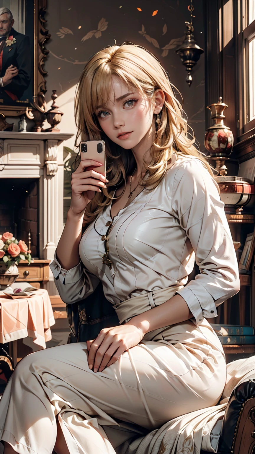 Portrait of a 48-year-old blonde French woman, 1940, Period costume, Genuine Leather, Sit down and take a selfie like you would with a smartphone, (Living room with period furniture, Calm, soft light: 1.2)