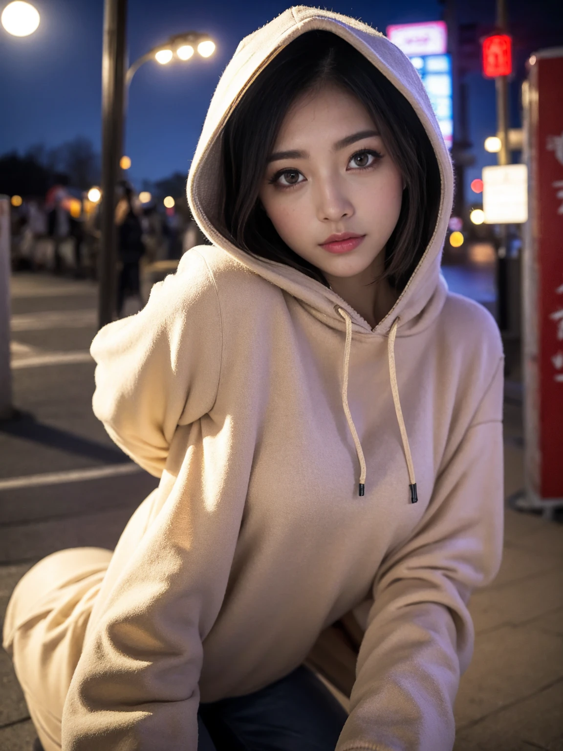 白のパーカーを着たGal,Dynamic Angle, 横face, Wearing a hood, night,moonlight,Exterior lights,Gal, Hooded parka,masterpiece, Highest quality, Realistic, face,, Beautiful girls, cute, Written boundary depth, High resolution, Super detailed, detailed, pale, Fair skin,woman,白のHooded parka,short hair,Black Hair,Crouching,Shortcut hair,building,,night,深night,Blurred Background:1.2