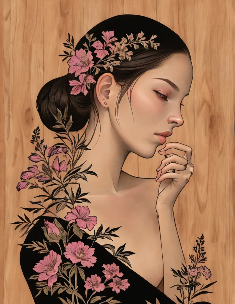auka, girl, black border, wood background, flowers, view from side, finger on chin