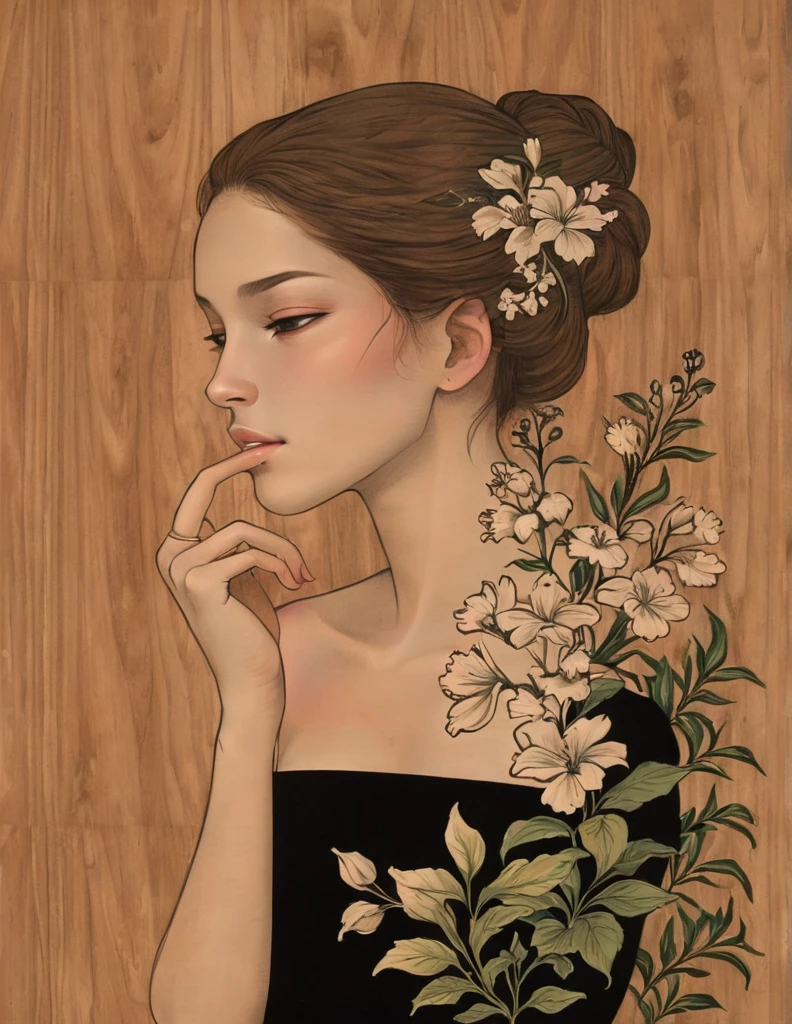 auka, girl, black border, wood background, flowers, view from side, finger on chin
