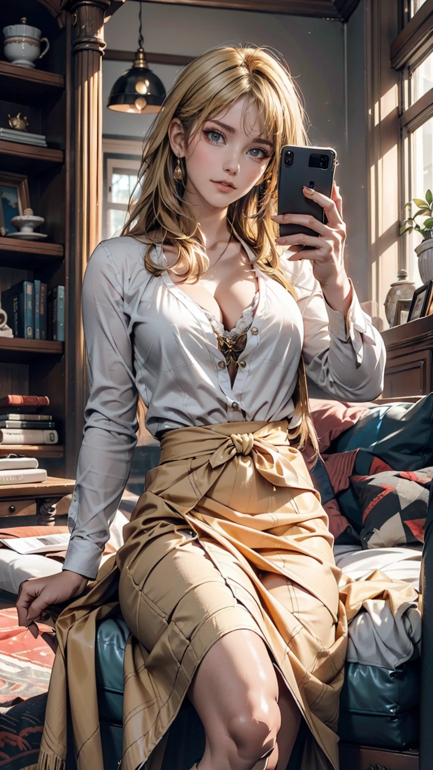Portrait of a 48-year-old blonde French woman, 1940, Period costume, Genuine Leather, Sit down and take a selfie like you would with a smartphone, (Living room with period furniture, Calm, soft light: 1.2)