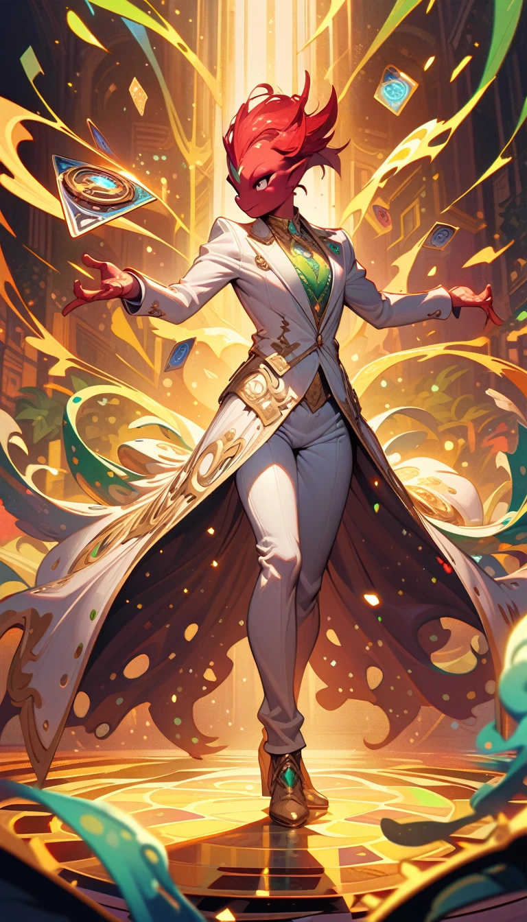 ((best quality)) , ((masterpiece)) , (detailed)，Illustration of a Hearthstone card game character, a lizard in a white suit with a red mohawk dancing on a golden dance floor, with yellow lights and green decorations in the background, in the style of a cartoon.Pointillism style，Composed entirely of small, distinct dots of color, vibrant, highly detailed