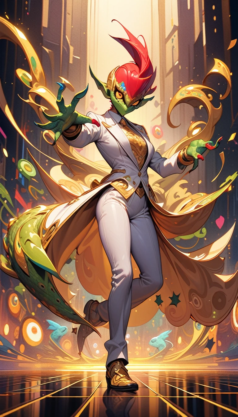 ((best quality)) , ((masterpiece)) , (detailed),Illustration of a Hearthstone card game character, a lizard in a white suit with a red mohawk dancing on a golden dance floor, with yellow lights and green decorations in the background, in the style of a cartoon.Pointillism style,Composed entirely of small, distinct dots of color, vibrant, highly detailed