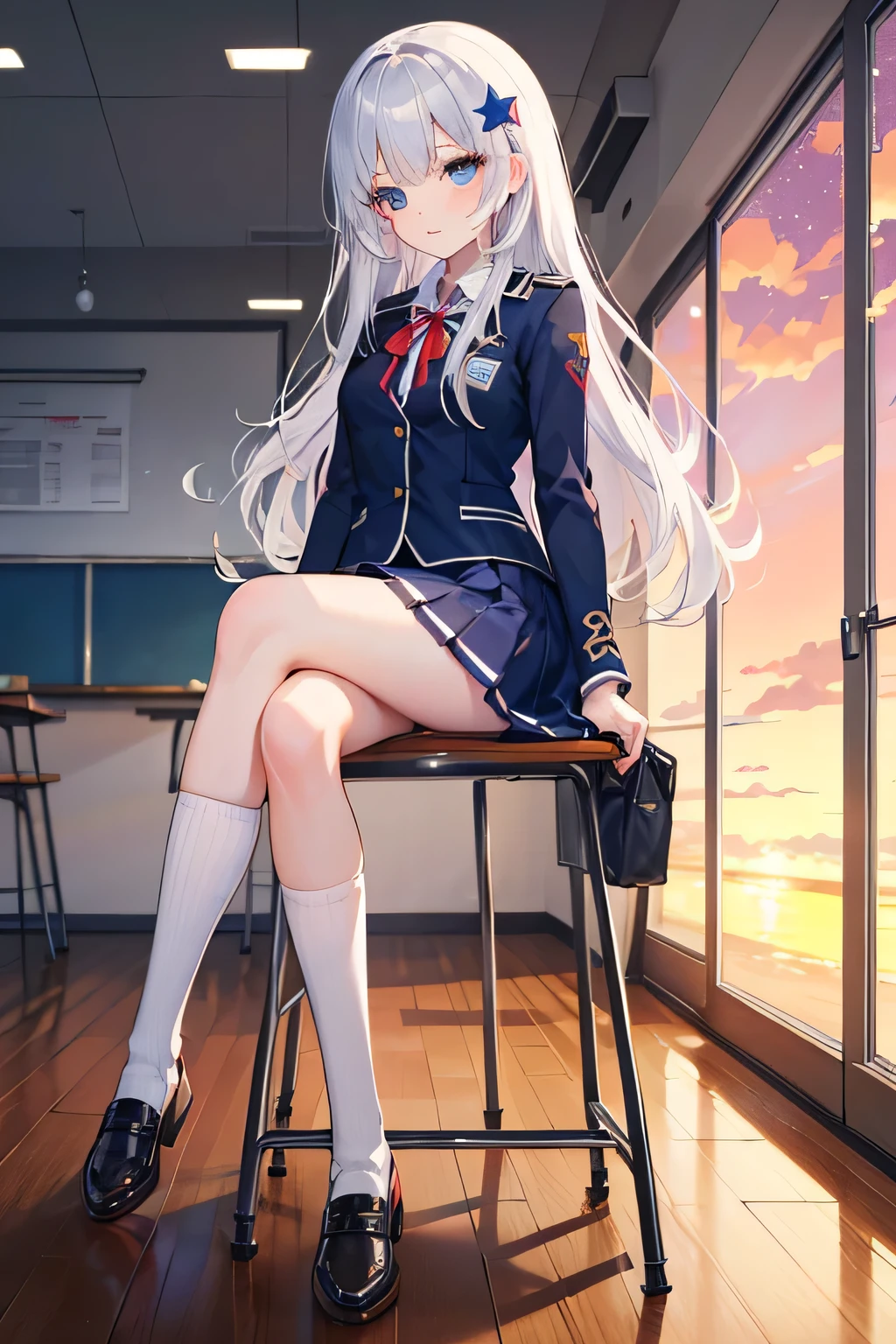 ((high quality)),((high resolution)),((Masterpiece)),8k,Silver Hair,Light blue eyes,Highlights of beautiful eyes,Starry eyes,Your eyes are beautiful,Small breasts,Beautiful sunset,Long skirt,Wear a high ,Wear a uniform,Long socks,Very long socks,Long Hair,straight,Red ribbon hair ornament,Inside a high school classroom,An empty classroom,Classroom after school,Sitting in a chair,Crossing your legs,
