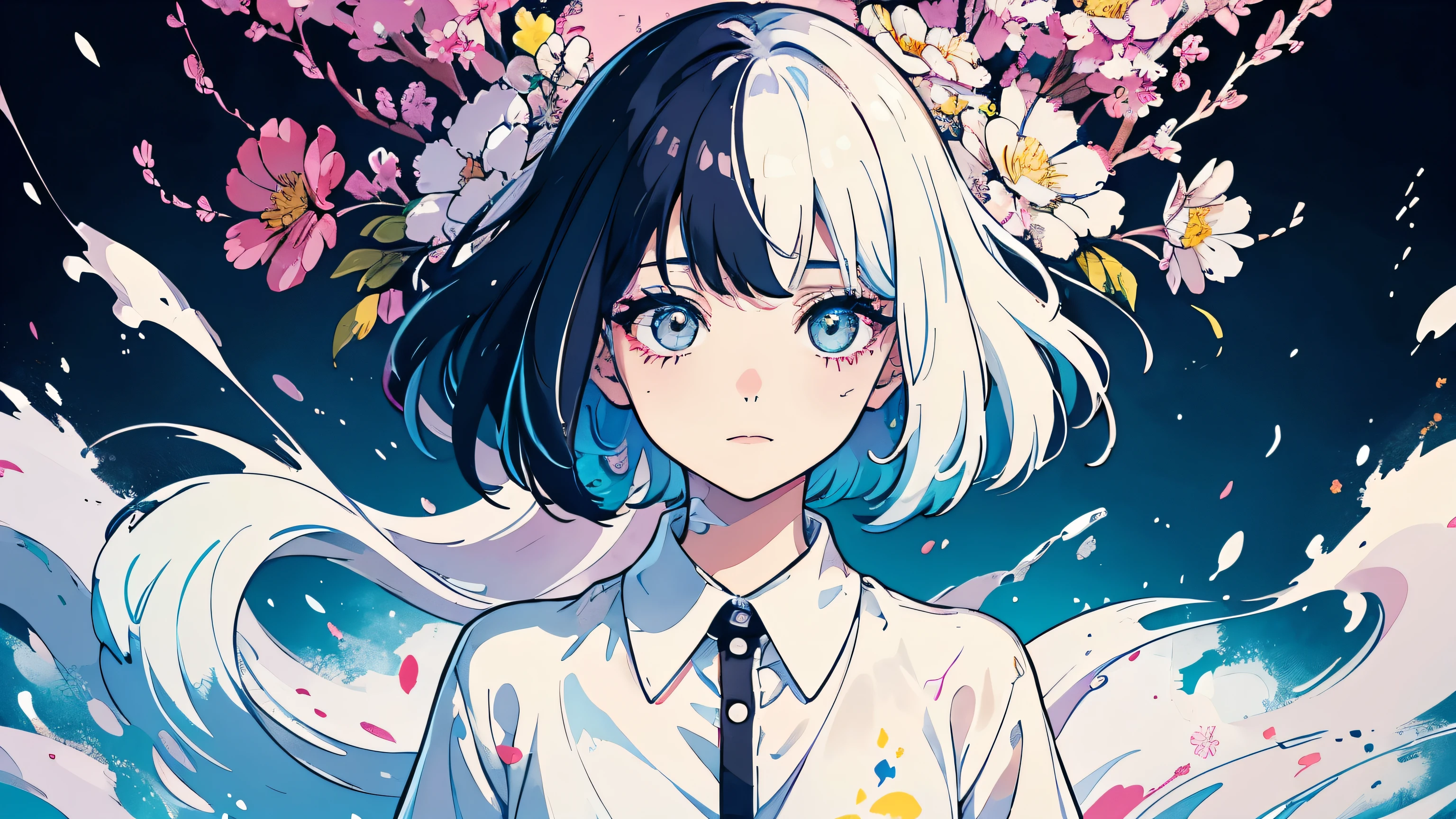 Lovely beautiful girl,1 girl,Wearing a platinum shirt,Half-body photo,Black clear eyes,Small face,Color Splash,Color Splash,Messy Lineouth closed,Long eyelashes,White shirt,Upper Body,Paint splashes,Acrylic paint,Rainbow Hair,Highest quality,In the background is a sky dotted with flowers.