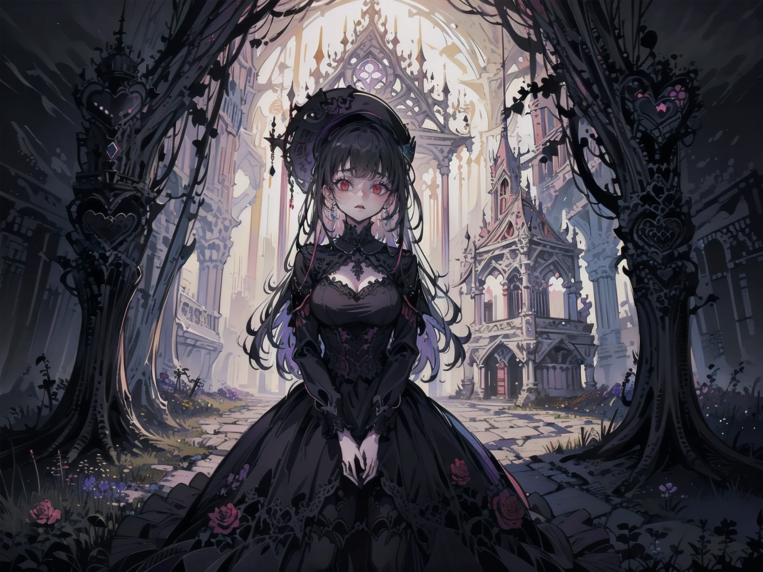 ネオゴススタイルのgirl, Wearing a black dress and a white collar, Wearing a black hat、wearing heavy makeup, Standing in a mystical garden surrounded by vines. The garden is full of deep purple flowers.、Gothic architecture in the background。. girl&#39;My hair is black、Her hair is in long braids.、A red rose is pinned to the side。. Her eyes are sharp、It&#39;Like being stabbed., Thick black eyeliner and long lashes. She has a pale complexion.、Her lips are bright red.. The atmosphere is gloomy and eerie, with dim lighting casting long shadows. This piece combines digital illustration and photography.., the result、The result is an incredibly high-resolution image. Most of the colors are dark、I&#39;Calm, Deep reds and purples create a dark beauty.. The overall style of the image is neo-Gothic., Horror, Portrait Photography, Create a unique and compelling visual experience.Dark Imagery
