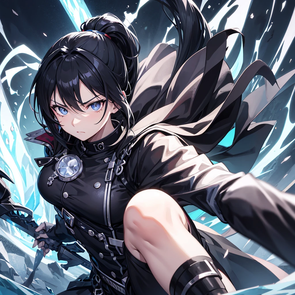 anime style woman , ponytail hair ,Bblack hair  , 18-years old , expression would be , eyes black , ice sword  , black leagwear 