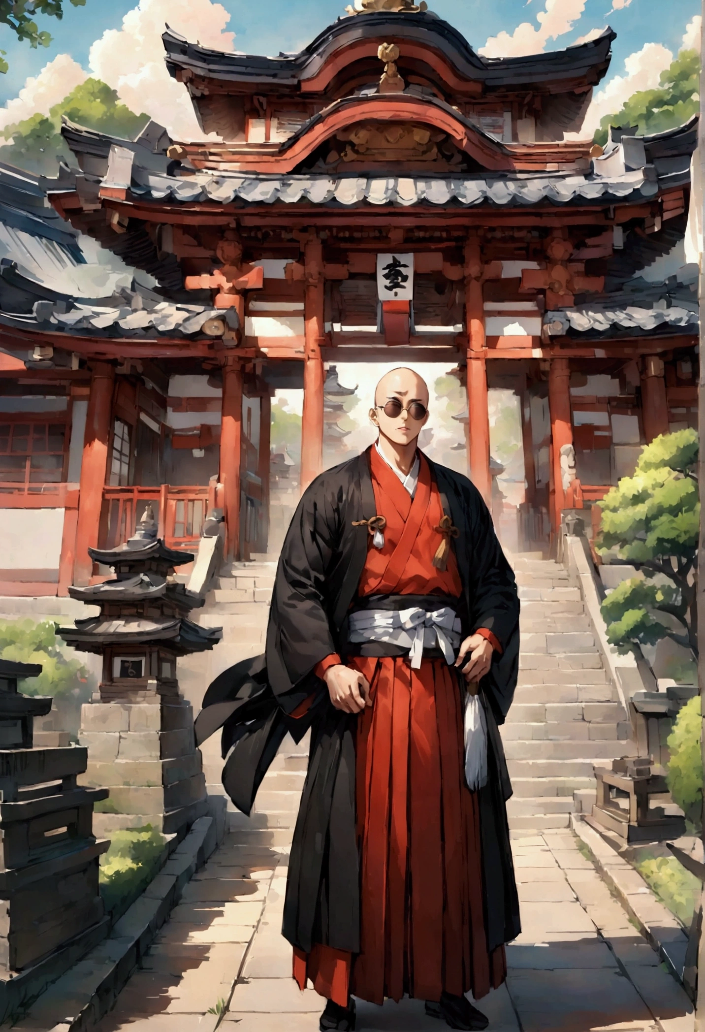 Japanese monk、small、Round sunglasses、Hero of Justice、One Punch Man、Japanese Temples、strongest