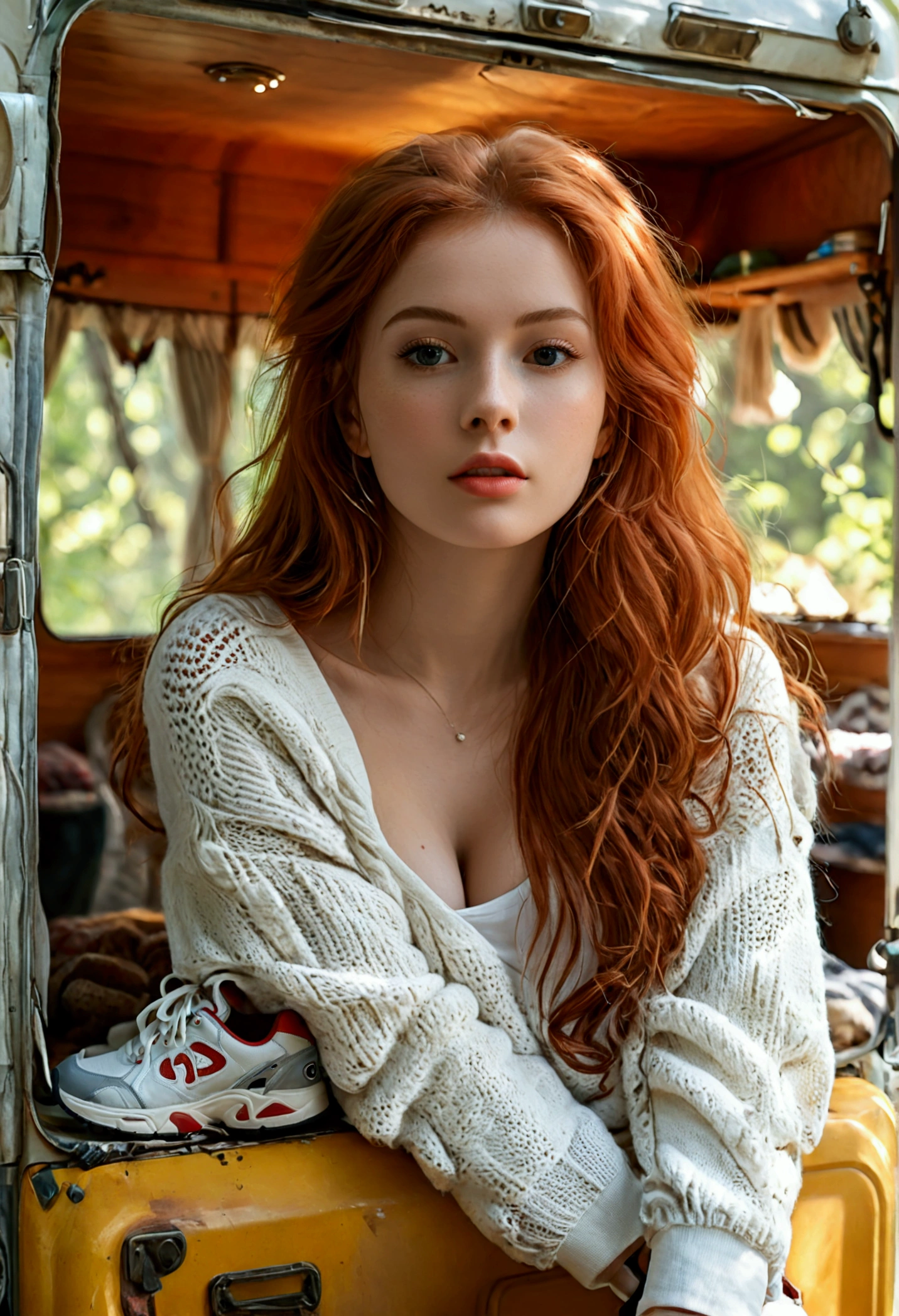 (full body shot:1.7) photorealistic image of a (leaning pose:1.1) woman, ultra realistic, photography, long red hair, girl, 24 years old, hourglass figure, perfect body, Flirty look, natural medium breasts, blur background, posing with a belly-free sweater, leaning on a caravan parked in the woods, she wears white sneakers, long legs, 