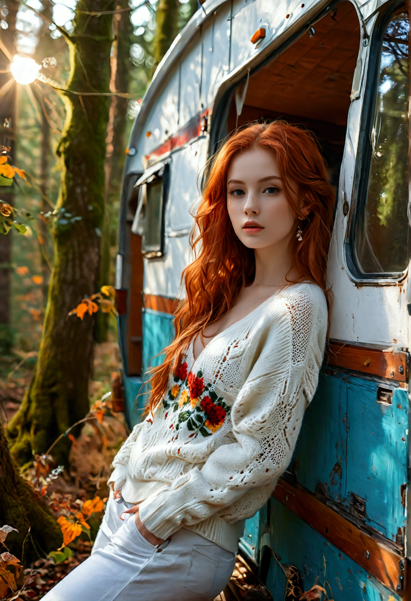 (full body shot:1.7) photorealistic image of a (leaning pose:1.1) woman, ultra realistic, photography, long red hair, girl, 24 years old, hourglass figure, perfect body, Flirty look, natural medium breasts, blur background, posing with a belly-free sweater, leaning on a caravan parked in the woods, she wears white sneakers, long legs, 