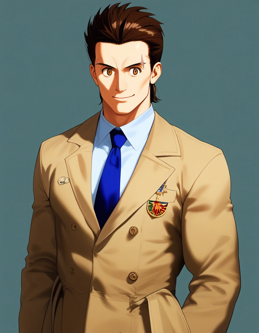 extreme all detailed, BREAK 1man, veteran mature detective, muscular, boned nose, wavy slicked back spiked hair, yellow_brown hair, BREAK shihaku, brown eyes, dandy, virile, stubble, square shaped, large eyes, ugly, rough skin, facial wrinkles, ideal ratio body proportions, ordinaly, cute uncle, beautiful detailed eyes, broad waist, 40yo dude, BREAK solo, upperlegs, white collared shirt, blue necktie, trench coat, dark worn-out suit, cute smile, standing, BREAK dandy posing, otome game, character image shot, in eroge style, 2000s, anime concept art, masterpiece, best quality, BREAK score_9, score_8_up, score_7_up, source_anime, score_6_up, score_5_up, score_4_up