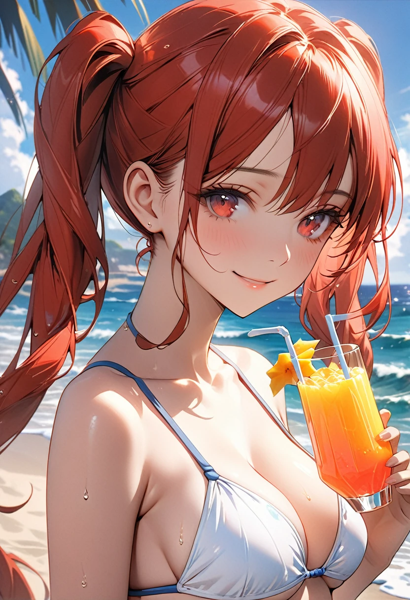 A portrait of a beautiful girl with red twin-tailed hair in a swimsuit The girl .Beautiful and cute face,Red hair in twin tails,Red eyes,Very cute smile,She is wearing a sexy white bikini-type swimsuit.Her breasts are slightly larger and she has a beautiful cleavage.(With a luxurious tropical juice in one hand:1.5),It seduces the viewer with its peering eyes.She invites me to have a tropical juice,Everlasting summer The background of the private beach and the beauty of the waves stand out.The luster and moisture of a girl's beautiful skin,The beauty, texture and shine of hair,The beautiful texture and wrinkles of the bikini .Bust Shot,(High quality, high definition, masterpiece, best quality, 4k, 8k:1.5).Ultra detail,Ultra-fine painting,Physically based rendering, cinematic lighting, professional photography,(nsfw:1.2)