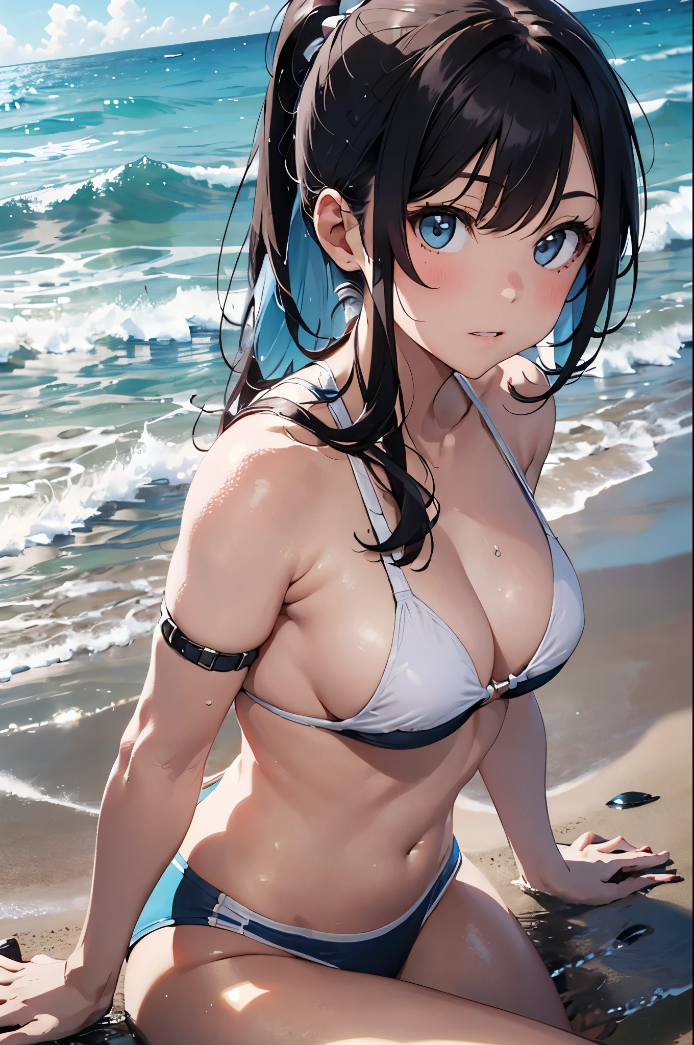High resolution,topless、
One beautiful young woman,Light blue hair、ponytail、
(Soft Saturation:1.3), (Fair skin:1.2),
(ultra-Detailed Background, Detailed Background), Bokeh,
break'Portrait of a smiling girl.,
When viewed from the front, The composition is symmetrical,
Looking straight at you with serious eyes,
break Swimwear, White Bikini, Center of chest,
Outdoor, Sea surface, null, sunlight,Summer beach, Sandy Beach,
Strong light, Front lighting,
(:1.3), (Cowboy Shot:1.2),
Front brake angle,
View your audience,
Dynamic pose,
sitting on the beach
Seaweed、Seaweed、Seaweed、Seaweed、Seaweed、Seaweed、Seaweed、