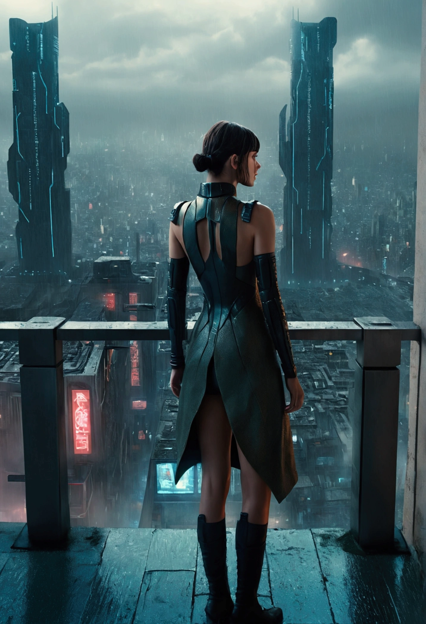 Realistic image of a futuristic city inspired by the movie "Blade Runner", on android ((Beautiful girl)) Standing on the terrace of a high-rise building overlooking the city. It's raining、Scene 16:9 aspect ratio (Including terrace roof)), 3 from behind/Viewed from 4