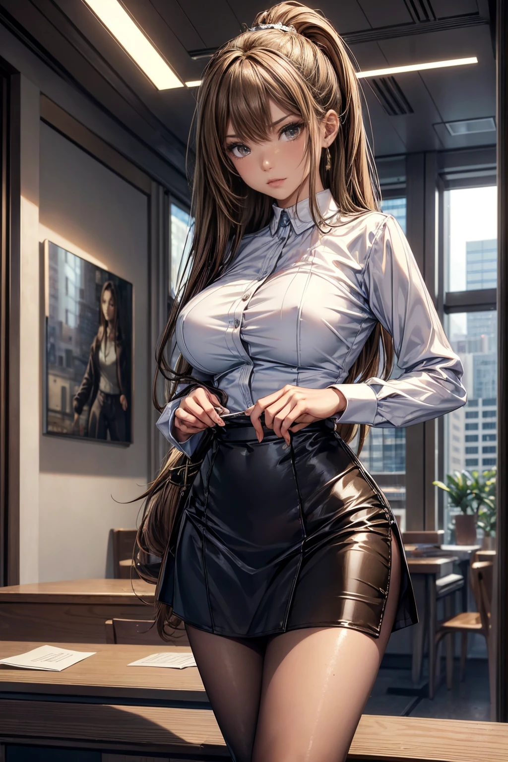 (masterpiece, Highest quality), Intricate details, 8k, Art Station, wallpaper, Official Art,  Sharp focus, One girl,Toned body、 Long Hair,ponytail,  Brown Hair, , office lady,White patent leather shirt、Black enamel tight skirt、slit、tights、 printing, Cold Eyes , Muddy eyes、skyscraper, city, building, car, street,