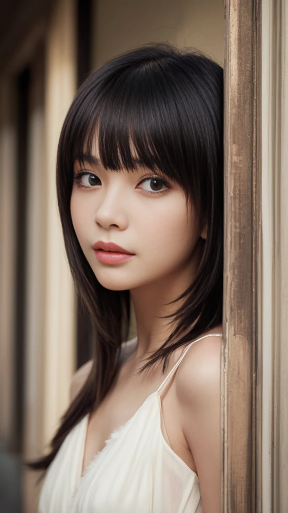 highest quality、High resolution 16k、Very detailed、Artwork、Live Shooting、Realist:1.4、Hyperrealism:1.4、Sharp focus、Delicate and beautiful, Olive skin and Asian eyes、Young Indian woman with long black hair and long bangs, Thin, sheer white lace underwear, royal palace, Stand in front, Look confident and serious, Looking at the camera, Sunburned skin, RPG World, Thick eyebrows, Sculptural body, No makeup, Medieval