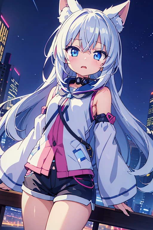 ((パーカーとShortsを着たかわいい女の子)), ((headphone)), face, ((masterpiece, Highest quality, Ultra high definition, High resolution)), Anime Girls, ((Ultra-detailed illustrations:1.2)), Just One, bangs, Hair between the eyes, White Hair, Beautiful Hair, Blue colored eyes, Shining Eyes, Beautiful Eyes, Medium chest, 大きな笑face, Mouth open, ((Night cityscape)), Shorts, cyber-