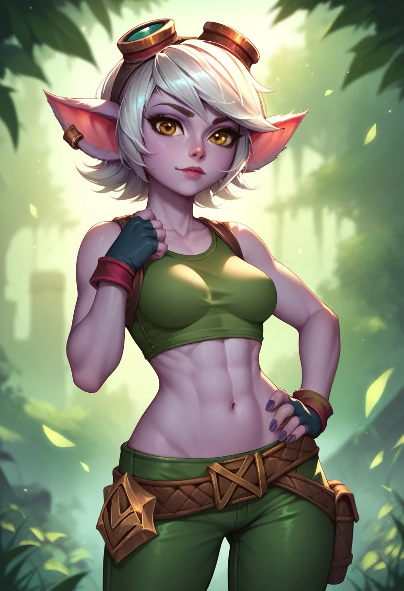 tristana, 1girl, standing, portrait, goggles, crop top, green pants, fingerless gloves, solo, (best quality), (outdoors league of legends background:1.2), medium breasts, dramatic lighting, detailed hair, looking at viewer, 