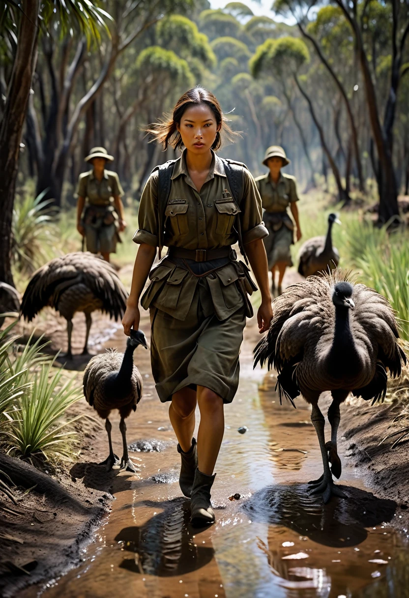 Soldiers trudging through the Australian wilderness and Thai women, trying to keep up with the emus, background cinematic, hyper realistic, ultra detailed hyper realistic, photorealistic, Studio Lighting, reflections, dynamic pose, Cinematic, historical accuracy, Color Grading, Photography, Shot on 50mm lens, Ultra-Wide Angle, Depth of Field, hyper-detailed, beautifully color, 8k