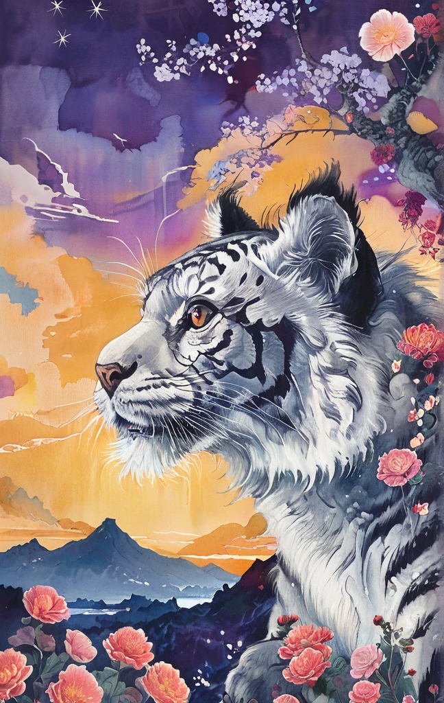 A white dragon lies in the middle of an endless field full of purple flowers, surrounded by snow-capped mountains and a blue sky sparkling with golden sunset rays. The whole scene is filled with a dreamy atmosphere, with vibrant colors and detailed background elements rendered in high resolution and detailed in a top quality illustration style. A girl with black hair and white eyes, dressed in dark , stands next to an anthropomorphic tiger, both looking at the camera. The background is adorned with intricate patterns of flowers and leaves., with a black color scheme, taken from a low angle shot, with high resolution and high detail, a masterpiece