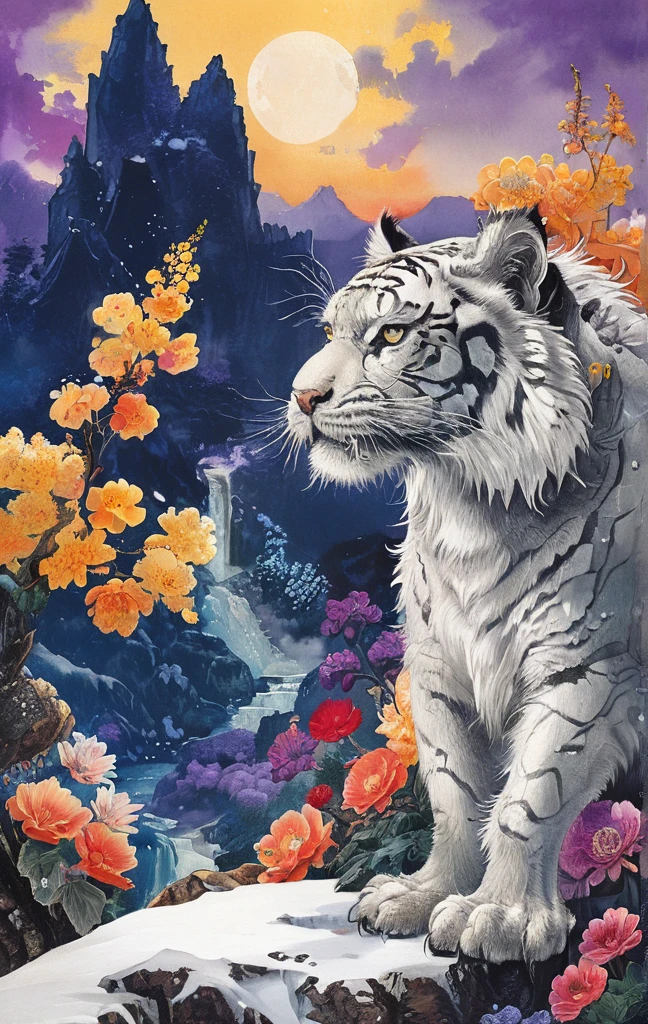 A white dragon lies in the middle of an endless field full of purple flowers, surrounded by snow-capped mountains and a blue sky sparkling with golden sunset rays. The whole scene is filled with a dreamy atmosphere, with vibrant colors and detailed background elements rendered in high resolution and detailed in a top quality illustration style. A girl with black hair and white eyes, dressed in dark , stands next to an anthropomorphic tiger, both looking at the camera. The background is adorned with intricate patterns of flowers and leaves., with a black color scheme, taken from a low angle shot, with high resolution and high detail, a masterpiece