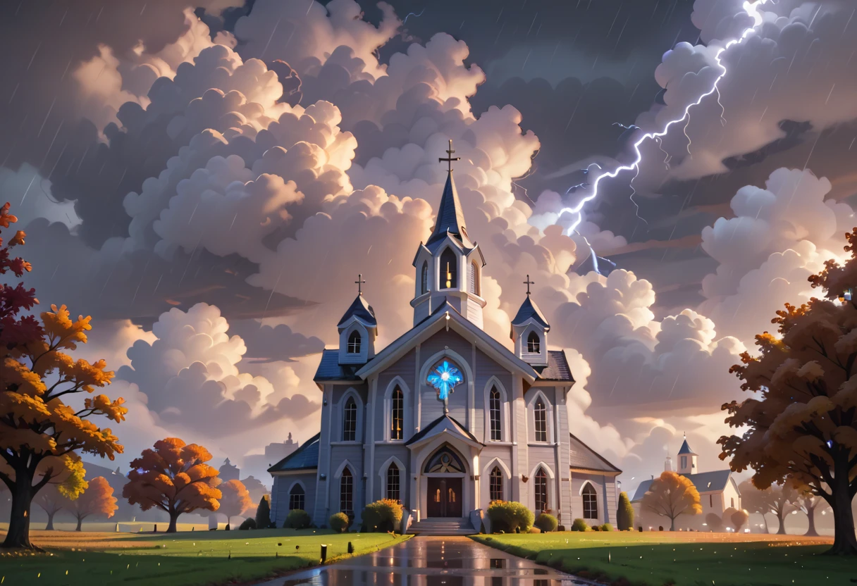 white church, smoke, prairie, autumn, nighttime, midnight, cloudy skies, lightning, cloudy, raining, rain, masterpiece quality, ultra HD, 4K, best quality