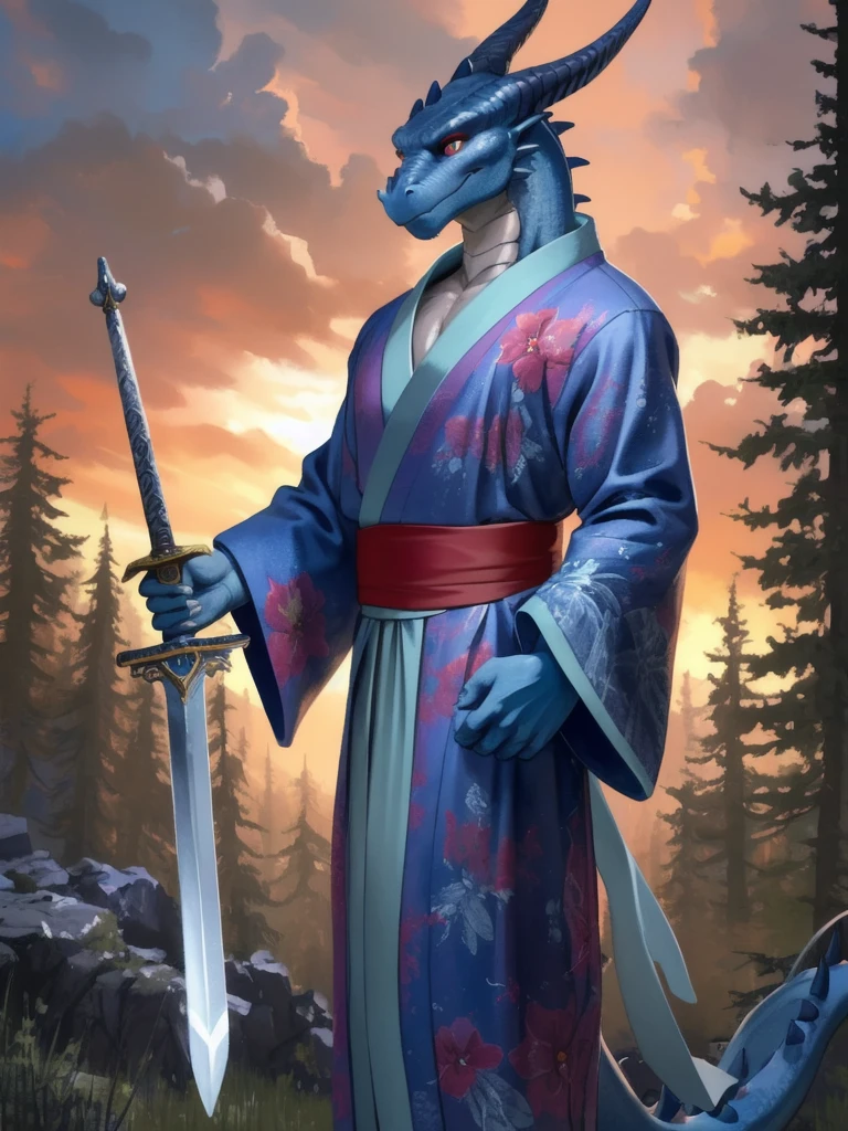 Masterpiece, High quality, Resolution, Digital Painting \(work of art\), alone, (Kimono:1.4), Male Anthro Dragon, white and blue body, In the forest, smile, sunset, by (by Pino Daeni, (by ruaidri), พื้นหลังbyละเอียด, anime, (dark shadow, Wide dynamic range, HDR, low beam:1.2), muscle holding a sword