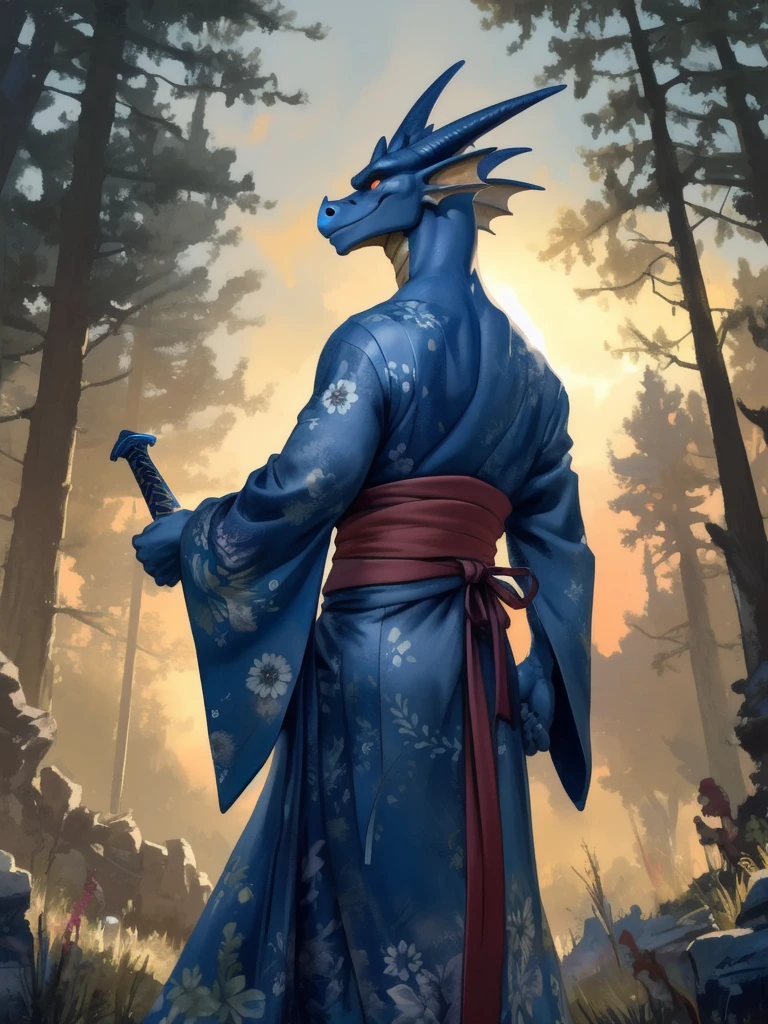 Masterpiece, High quality, Resolution, Digital Painting \(work of art\), alone, (Kimono:1.4), Male Anthro Dragon, white and blue body, In the forest, smile, sunset, by (by Pino Daeni, (by ruaidri), พื้นหลังbyละเอียด, anime, (dark shadow, Wide dynamic range, HDR, low beam:1.2), muscle holding a sword