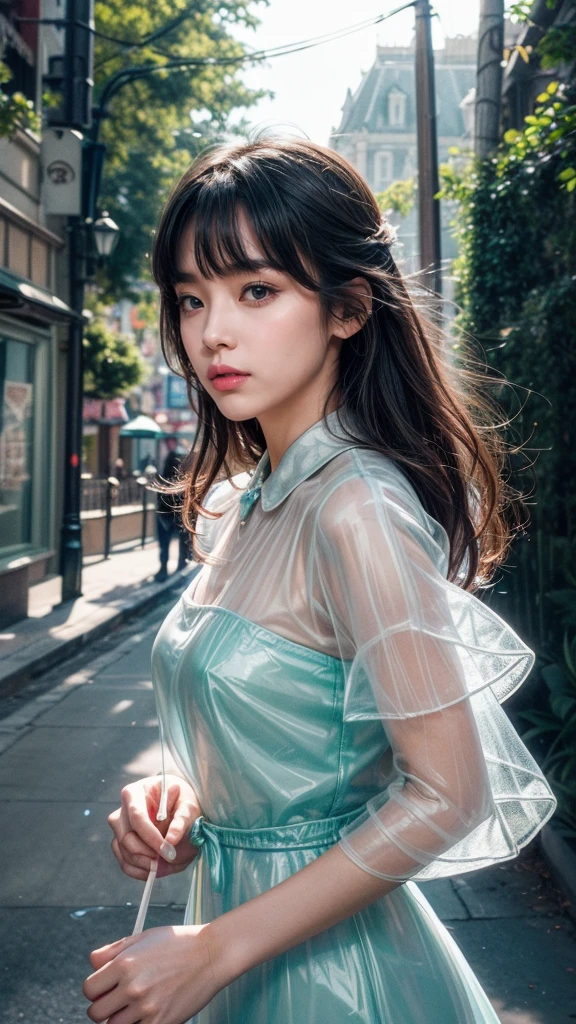 (Fluorescent Color:1.4),(translucent:1.4),(Retro filter:1.4), (fantasy:1.4), Candy World,Disneyland,Elegant and soft,Fluffy and soft,landscape,forest,snow,avatar,Light pink,Sky,green,blue,flash,Floating light,Soft Light,Whimsical light,rainbow,Star,diamond,flash宝石,background,Surreal,Ultra-high quality lighting,Unlimited details,Full HD,Sufficient lighting,side fringe,, Collared dress,One side, masterpiece, best quality,Genuine Leather,(portrait:1.5), 1 Girl, Bangs, Long hair