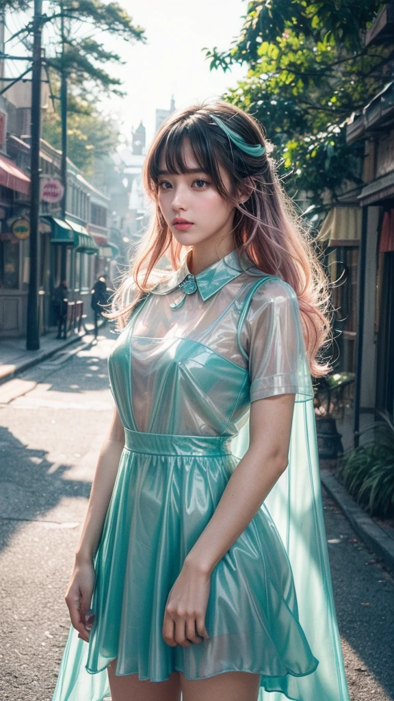 (Fluorescent Color:1.4),(translucent:1.4),(Retro filter:1.4), (fantasy:1.4), Candy World，Disneyland，Elegant and soft，Fluffy and soft，landscape，forest，snow，avatar，Light pink，Sky，green，blue，flash，Floating light，Soft Light，Whimsical light，rainbow，Star，diamond，flash宝石，background，Surreal，Ultra-high quality lighting，Unlimited details，Full HD，Sufficient lighting,side fringe,, Collared dress,One side, masterpiece, best quality,Genuine Leather,(portrait:1.5), 1 Girl, Bangs, Long hair