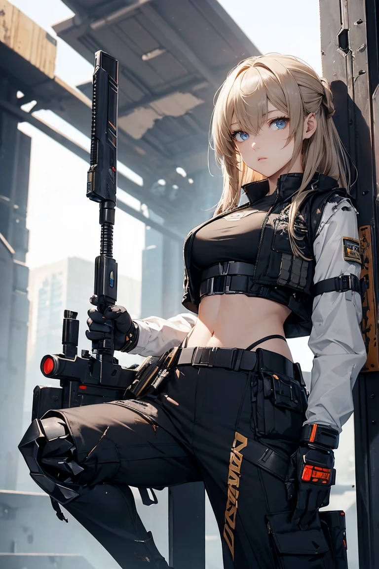 masterpiece, high quality, detailed art, concept art, character concept, ARKNIGHTS, sci-fi knights, anthro animals battle androids, perfect eyes, crystal clear eyes,(battle android model), female character android, (wearing [military|sexy|elegant:0.25] future outfit uniform with straps and accessories, cargo pants, military vest), (holding [weapon|shield:0.5]), action pose, battle damage, (visible (damaged parts:1.35) of (characters android body:1.3):1.15)