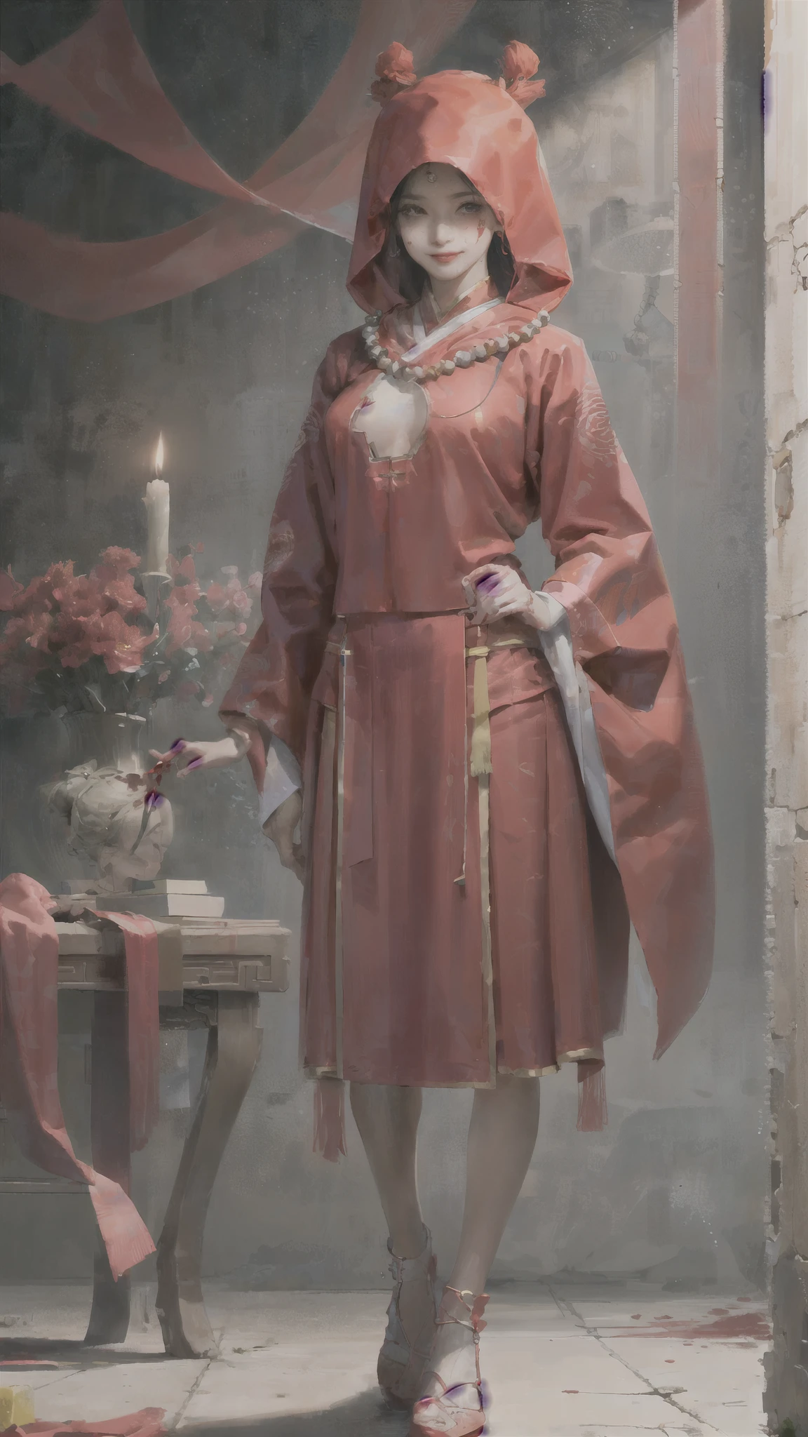 masterpiece,(masterpiece, front,Looking at the audience,face,Top quality, best quality, Chinese Hanfu,Red clothing,Red clothing,Paper wedding dress,Solitary,Standing,whole body, bead, veil, Keep, Jewelry, Looking at the audience, necklace, Candle, 1 Girl, indoors, hood, Long sleeve, Blood, Floral, hood up, Smile, dark, (Red Chinese clothes), skirt, fear (theme), Black Hair, ,,面朝前方Looking at the audience,Simple background,Solid color background