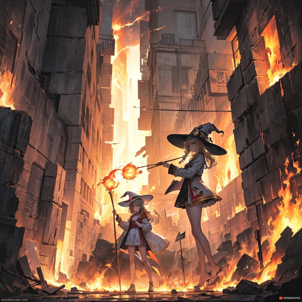 1 girl, trap, Blonde Hair, One-side long braid, blue eyes, flat chest, A short person, White robe, ,(Witch Hat）， （18 years old），Bare legs, Hot，Heatwave，flame，Fireball in hand，electrical arcs，Discharge of，Collapse，earthquake，The ground cracked，magic，Thunder holding the golden staff, Ancient battlefield background, Textured Skin, Ultra HD, Ultra HD, Ultra HD, Ultra HD, The award-winning, High Detail, Incredible high-key lighting and shadows, masterpiece, Incredible illustrations