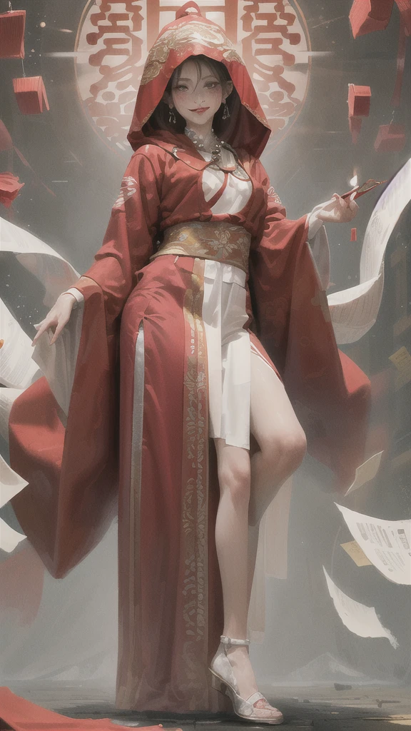 masterpiece,(masterpiece, front,Looking at the audience,face,Top quality, best quality, Chinese Hanfu,Red clothing,Red clothing,Paper wedding dress,Solitary,Standing,whole body, bead, veil, Keep, Jewelry, Looking at the audience, necklace, Candle, 1 Girl, indoors, hood, Long sleeve, Blood, Floral, hood up, Smile, dark, (Red Chinese clothes), skirt, fear (theme), Black Hair, ,,面朝前方Looking at the audience,Simple background,Solid color background