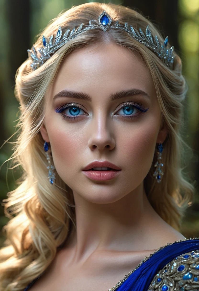 a beautiful young blond american woman, stunning blue eyes, detailed make-up, detailed facial features, elegant facial expression, gorgeous skin, high fashion model, cinematic lighting, dramatic pose, elegant costume, fantasy forest background, intricate details, photorealistic, (best quality,4k,8k,highres,masterpiece:1.2),ultra-detailed,(realistic,photorealistic,photo-realistic:1.37),dramatic lighting,vivid colors,cinematic composition