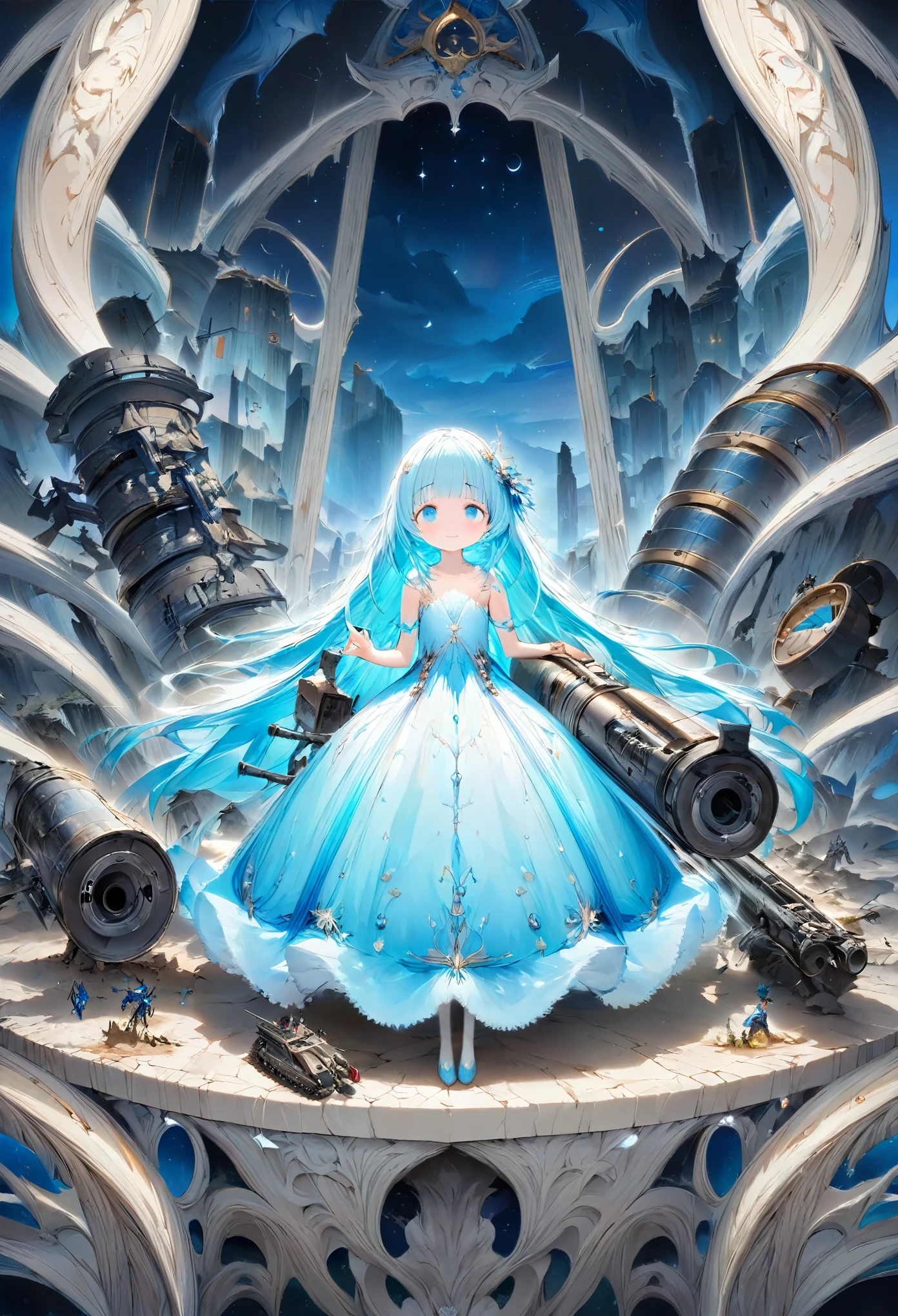 masterpiece, best quality, extremely detailed, (illustration, official art:1.1), 1 girl ,(((( light blue long hair)))), ,(((( light blue long hair)))),light blue hair, , long hair ((blush)) , cute face, masterpiece, best quality,(((((a very delicate and beautiful girl))))),Amazing,beautiful detailed eyes,blunt bangs((((little delicate girl)))),(((tareme))),droopy eyes.(true beautiful:1.2), sense of depth,dynamic angle,,,, affectionate smile, (true beautiful:1.2),,(tiny 1girl model:1.2),)(flat chest),One girl、Dynamic configuration、[17277fbe68],He threatened Hideo.、high quality、Maximum details、(((最high quality、The highest masterpiece、Official Art、The best dynamic configuration)))、、(Tabletop, 最high quality), Very detailed, Anime Style, Concept Art、whole body, (masterpiece), 最high quality, Fantasy art,whole body、masterpiece、最high quality、(colorful)、（Beautifully detailed eyes and face）、Cinema Lighting、Extremely detailed CG、Super huge、whole body、wallpaper、Dress with weapons in Wonderland, (((Everybody wears blue ))), Ammunition belt, gun, machine gun, gatling gun, hand gun,weapons,barren land、White Background、neon,night