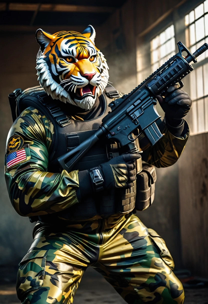 (a dark-skinned bearded fat muscular old man in a bulky army camouflage zipper diver suit) shooting with a gun, (wearing a small-sized realistic roaring tiger mask), dynamic action pose, fierce expression, showcasing an imposing stature, surrounded by military elements, dramatic shadows and intense highlights, cinematic color tones, high detail, powerful, art influenced by Bruce Onobrakpeya and Stanley Artgerm, ultra-detailed, best quality image, action-packed atmosphere