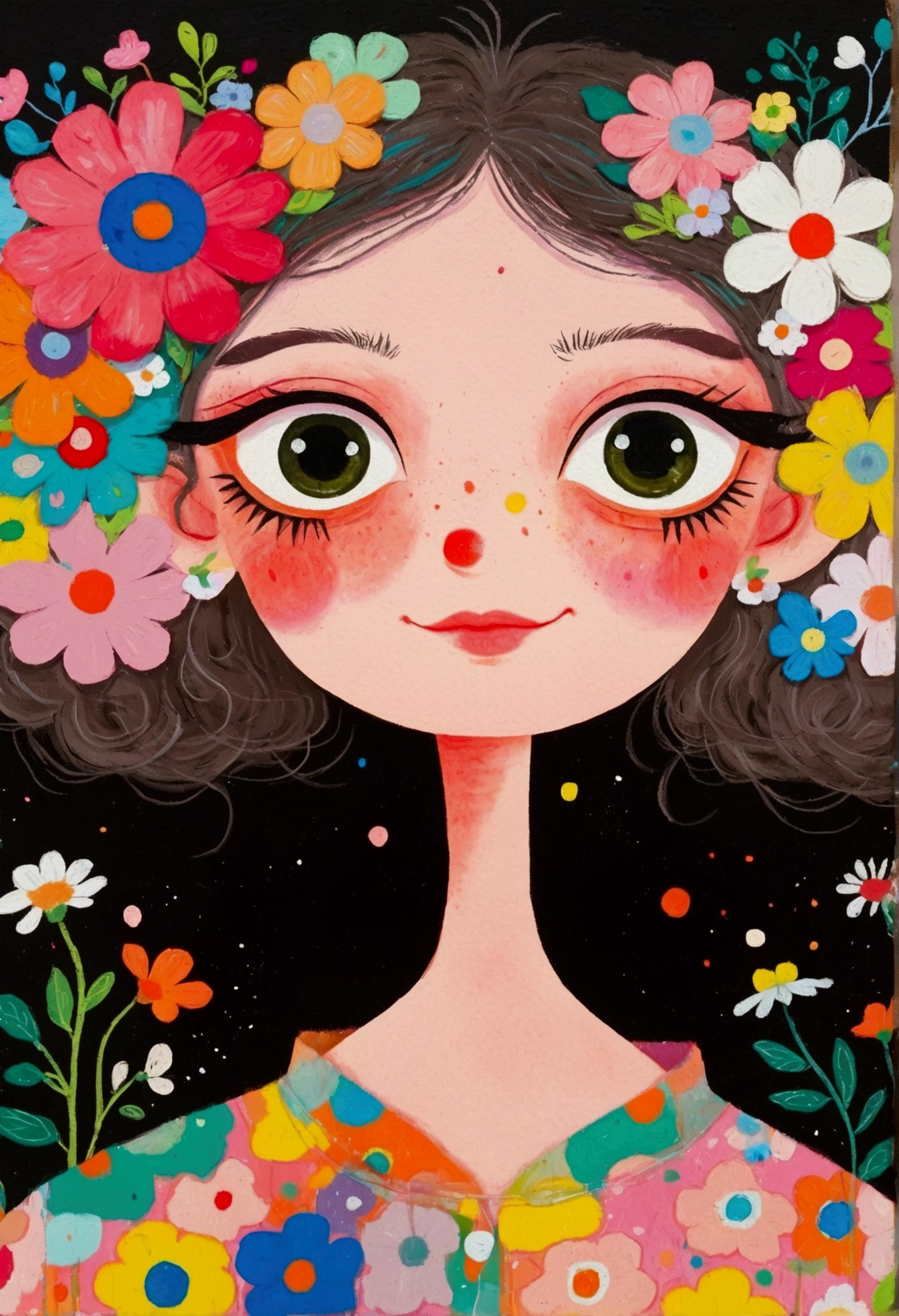 (((Childish Art,Pastel Painting,Oil stick painting,Thick coating,Texture))):There is a person in the painting wearing a flowery dress、A woman with flowers in her eyes, big Pink Eyes, Smile-Teeth,Inspired by Takashi Murakami, Inspired by Takashi Murakami, Inspired by Haruki Murakami, Inspired by Victor Brauner, Whimsical and psychedelic, Color illustrations, Psychedelic illustration, Watercolor illustration, Portrait of a mysterious giant eye, Colored eyes, big eyes, Pink Eyes